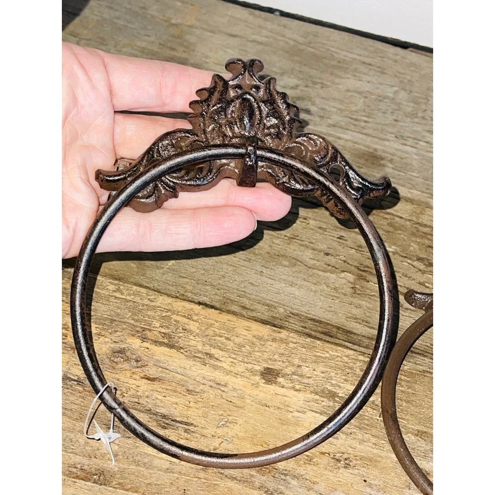 Unbranded Home Cast Iron Towel Ring Set OS Brown Ornate Chabby Chic Brutalist